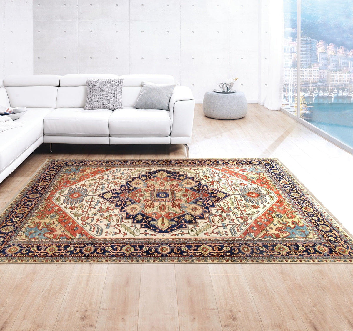Canvello Serapi Hand - Knotted Ivory/Navy Wool Runner - 3' X 11'11" - Canvello