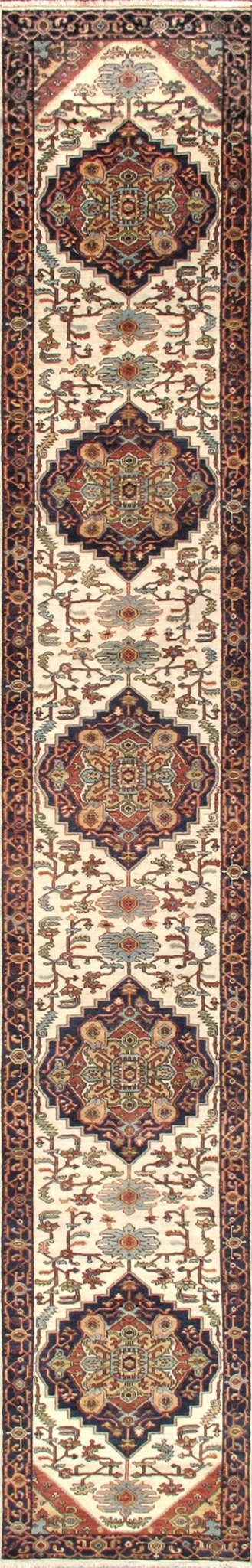 Canvello Serapi Hand - Knotted Ivory/Navy Wool Runner - 3' X 11'11" - Canvello