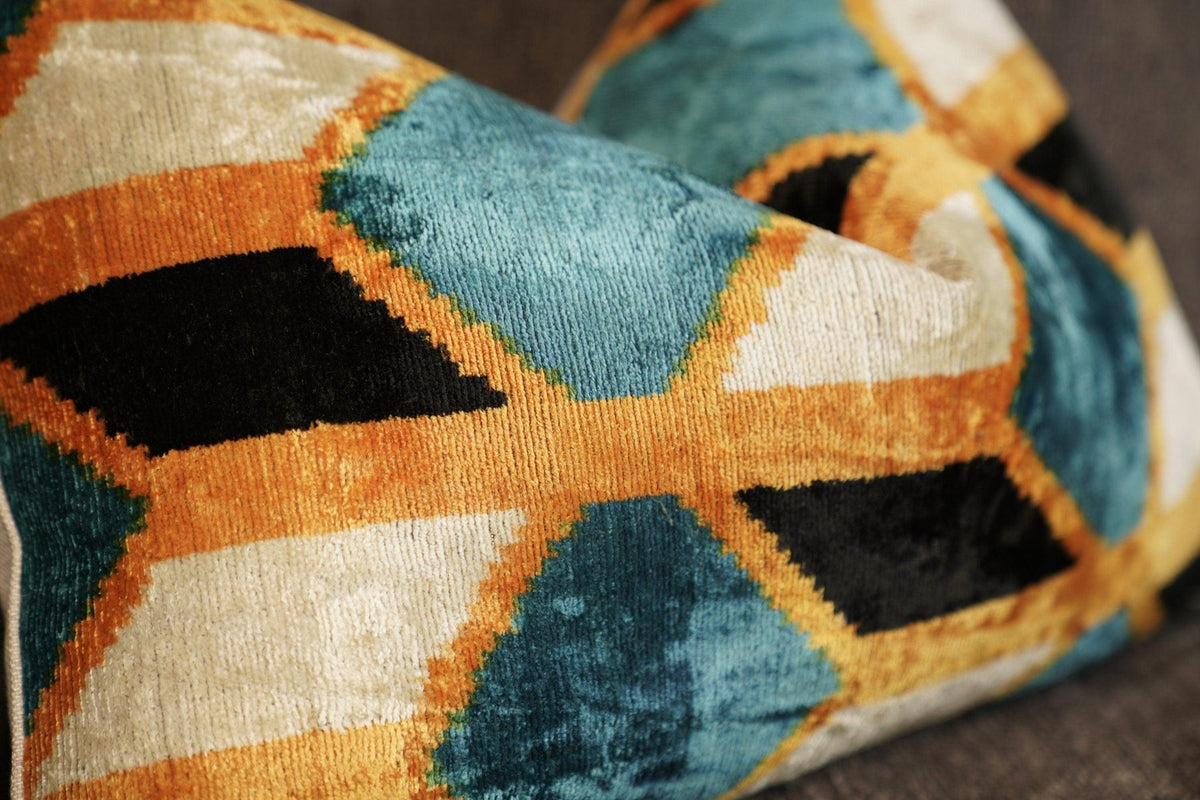 Canvello Soft Velvet Blue Gold Black Pillows For Sofa - 16X24 in - Canvello