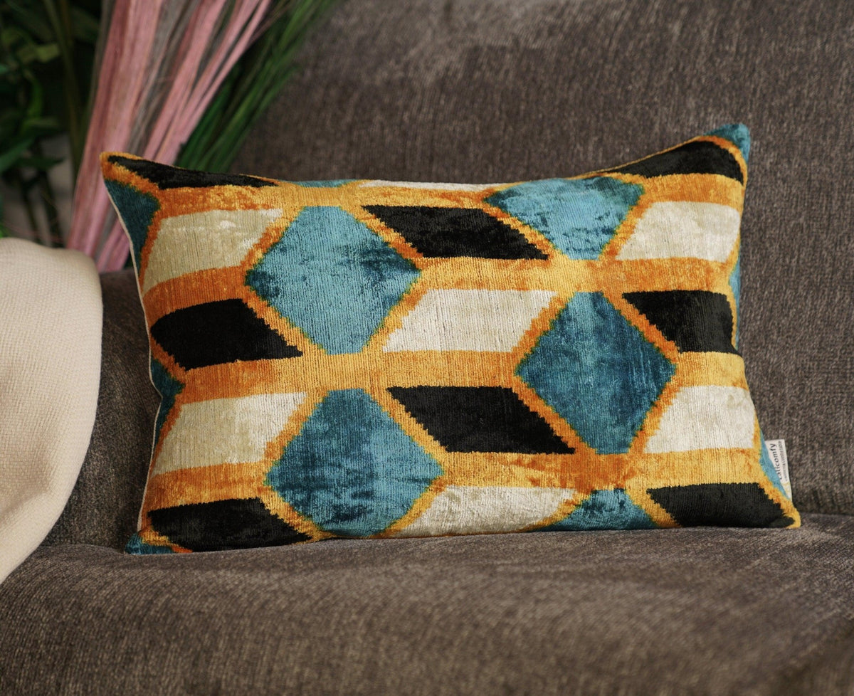 Canvello Soft Velvet Blue Gold Black Pillows For Sofa - 16X24 in - Canvello