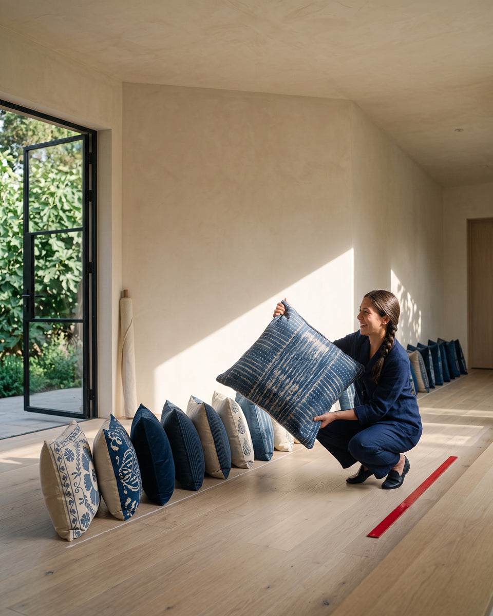 A woman lining up a long row of blue and bone pillows along a sunlit floor