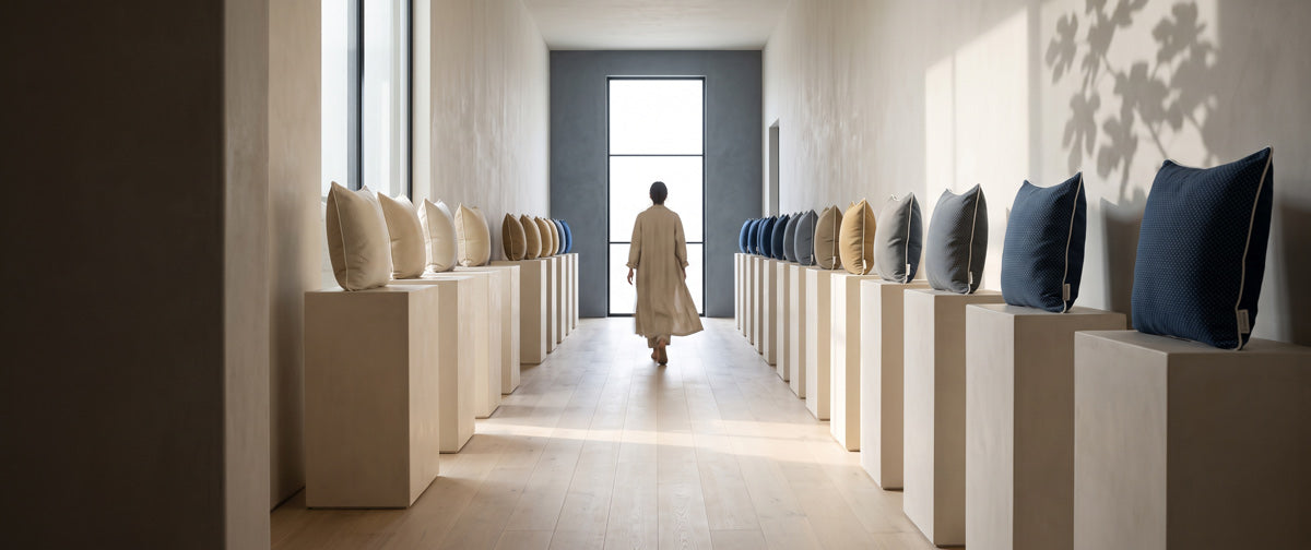 A long pale hall of plinths, each holding one pillow, a woman walking toward a tall window
