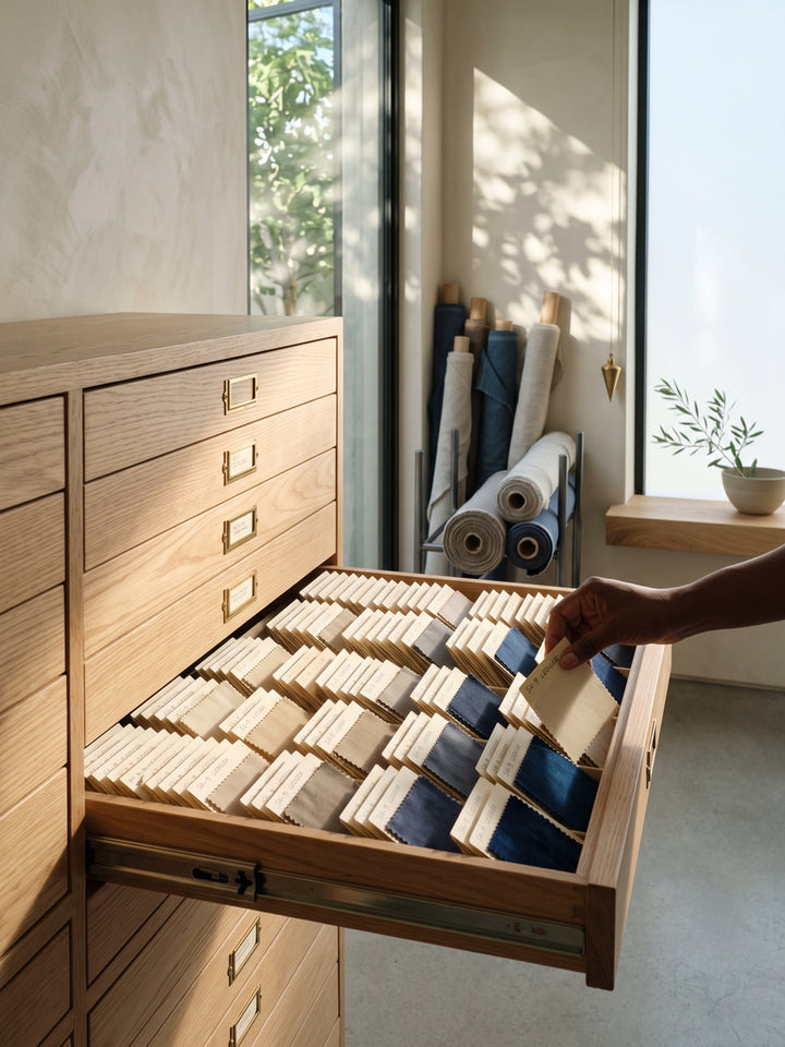 A hand pulling a swatch from a drawer of folded cloth memos