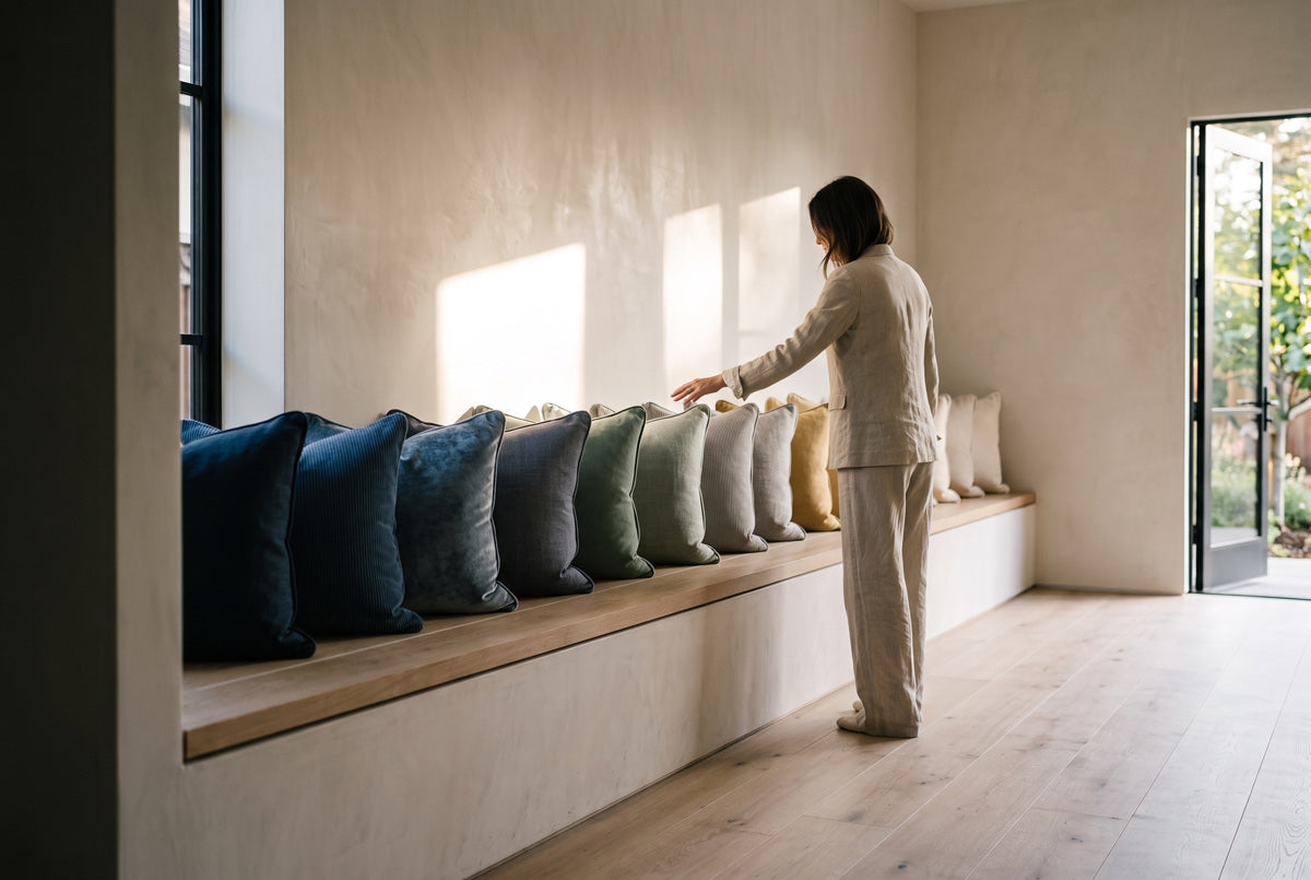 A woman choosing from a long bench of velvet pillows in graded colours
