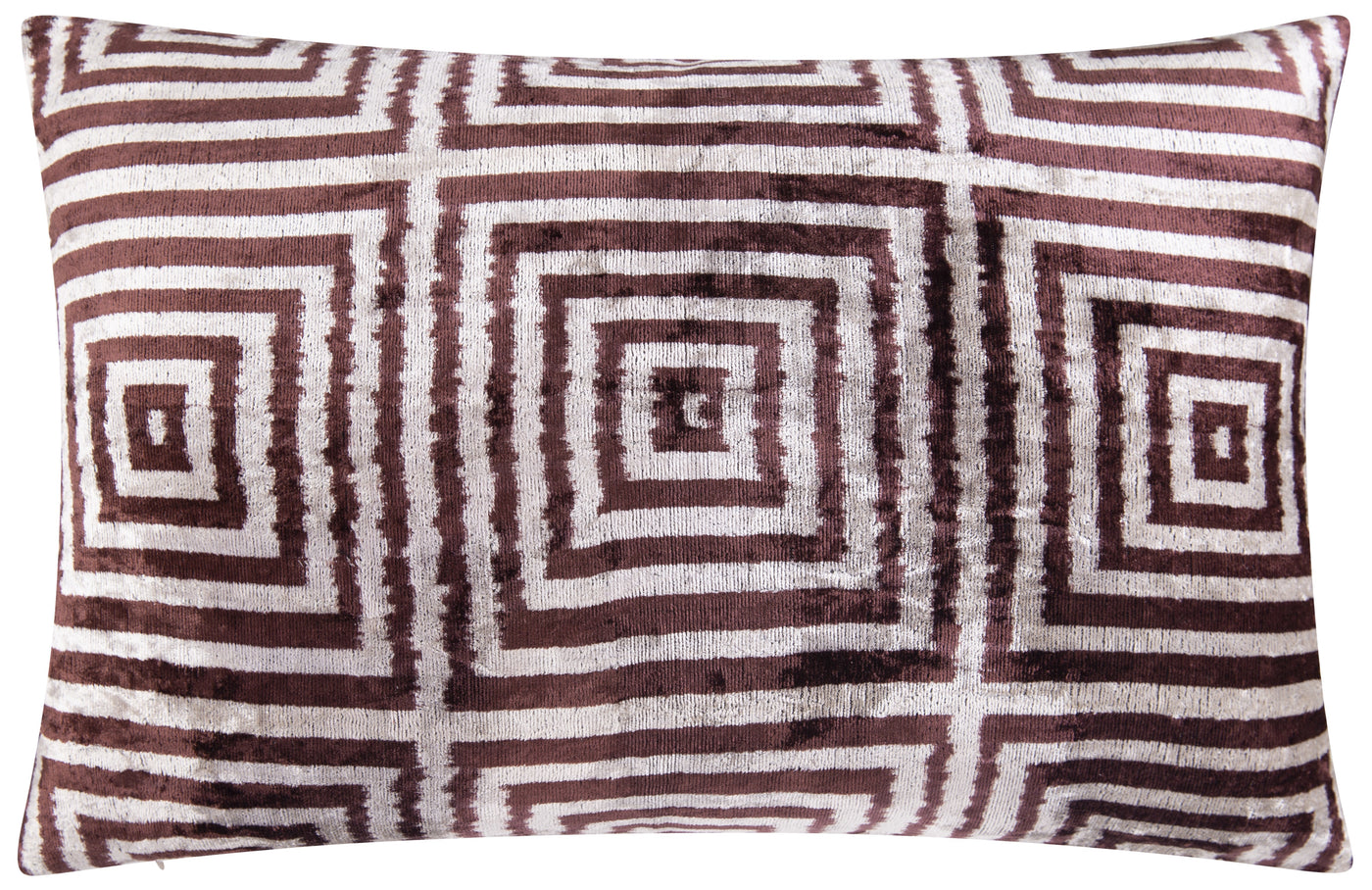 Handmade Velvet Throw Pillow - 16x24 Inches, Naturally Vegetable-Dyed, Premium Down Feather Insert - Brown and Beige Geometric Square Design, Luxury Home Decor Accent