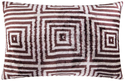 Handmade Velvet Throw Pillow - 16x24 Inches, Naturally Vegetable-Dyed, Premium Down Feather Insert - Brown and Beige Geometric Square Design, Luxury Home Decor Accent