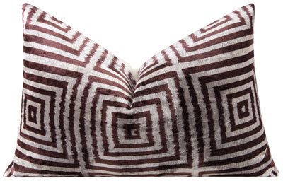 Handmade Velvet Throw Pillow - 16x24 Inches, Naturally Vegetable-Dyed, Premium Down Feather Insert - Brown and Beige Geometric Square Design, Luxury Home Decor Accent