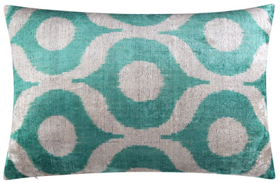 Handmade Velvet Throw Pillow - 16x24 Inches, Naturally Vegetable-Dyed, Premium Down Feather Insert - Teal and Beige Geometric Design, Luxury Home Decor Accent