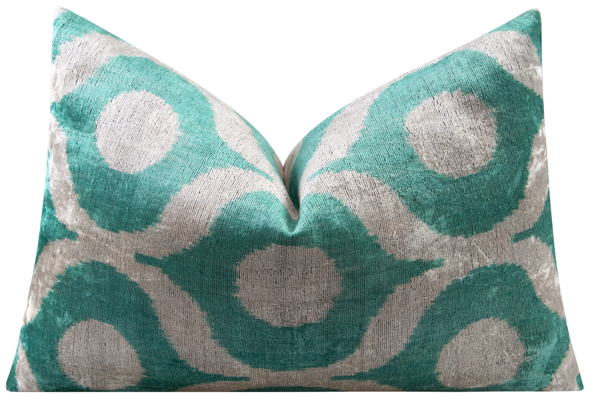 Handmade Velvet Throw Pillow - 16x24 Inches, Naturally Vegetable-Dyed, Premium Down Feather Insert - Teal and Beige Geometric Design, Luxury Home Decor Accent