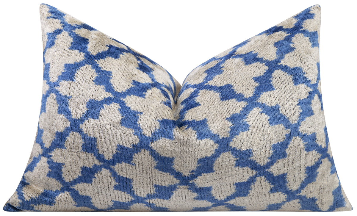 Handmade Velvet Throw Pillow - 16x24 Inches, Naturally Vegetable-Dyed, Premium Down Feather Insert - Blue and Beige Moroccan Trellis Design, Luxury Home Decor Accent