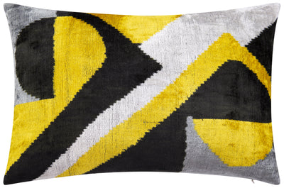Luxury Handmade Velvet Throw Pillow - 16x24 Inches, Naturally Vegetable-Dyed, Premium Down Feather Insert - Modern Geometric Yellow, Black & Gray Decor Accent