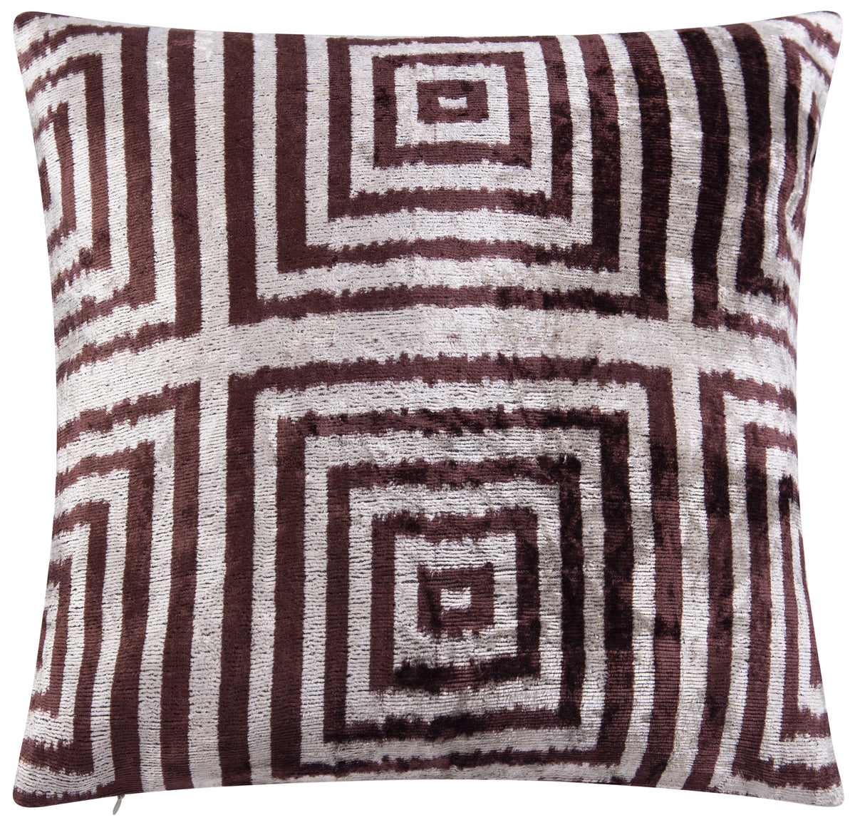 Handmade Velvet Throw Pillow - 16x16 Inches, Naturally Vegetable-Dyed, Premium Down Feather Insert - Brown and Beige Geometric Square Design, Luxury Home Decor Accent
