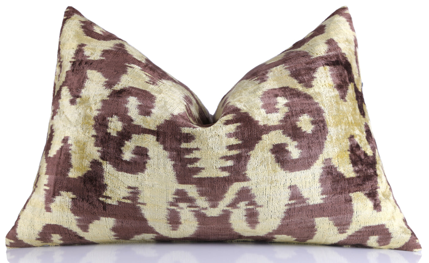 Handmade Velvet Pillow with insert – Gold & Brown Ikat Motif, 16x24"