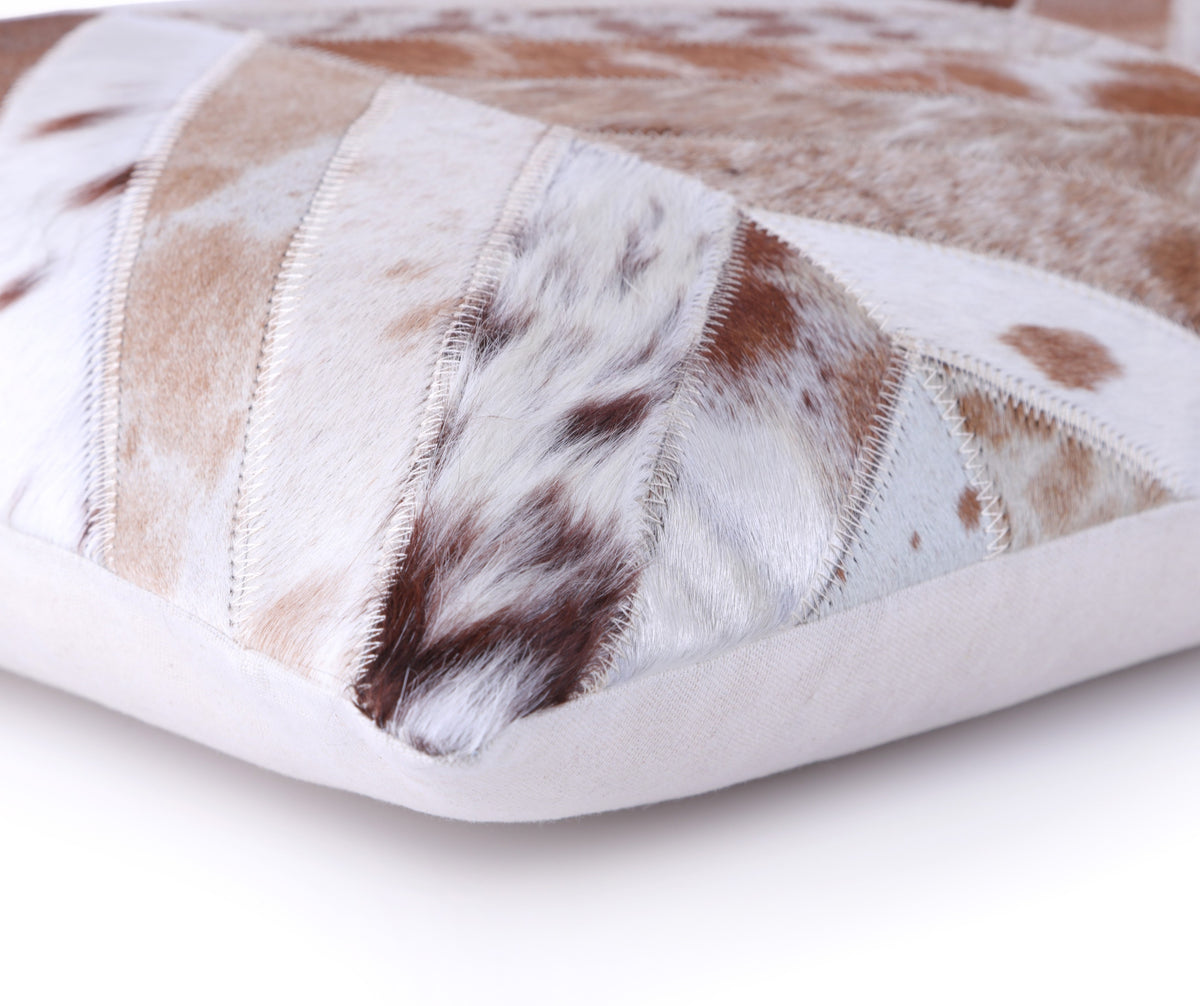 Luxury Tan & White Genuine Cowhide Leather Chevron Throw Pillow 16x24 | Handmade Designer Lumbar Cushion