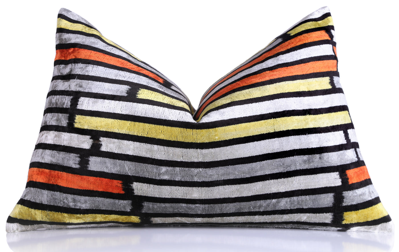Handmade Velvet Pillow with insert – Modern Striped Ikat, Sunset Tones, 16x24"