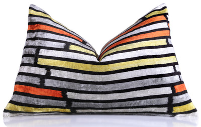 Handmade Velvet Pillow with insert – Modern Striped Ikat, Sunset Tones, 16x24"
