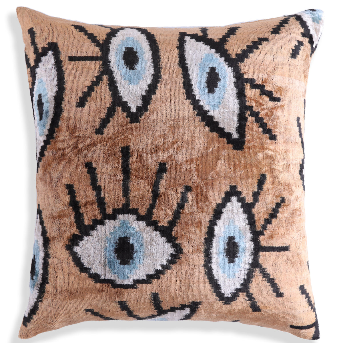 Handmade 16x16 Velvet Pillow – Evil Eye Pattern in Blue & Tan Brown