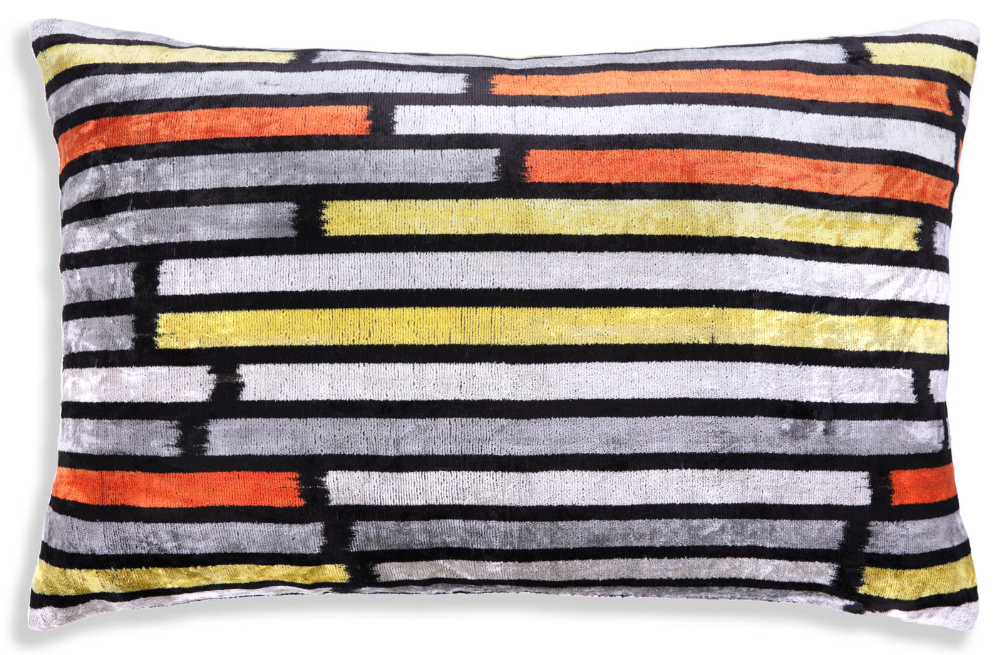 Handmade Velvet Pillow with insert – Modern Striped Ikat, Sunset Tones, 16x24"