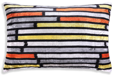 Handmade Velvet Pillow with insert – Modern Striped Ikat, Sunset Tones, 16x24"