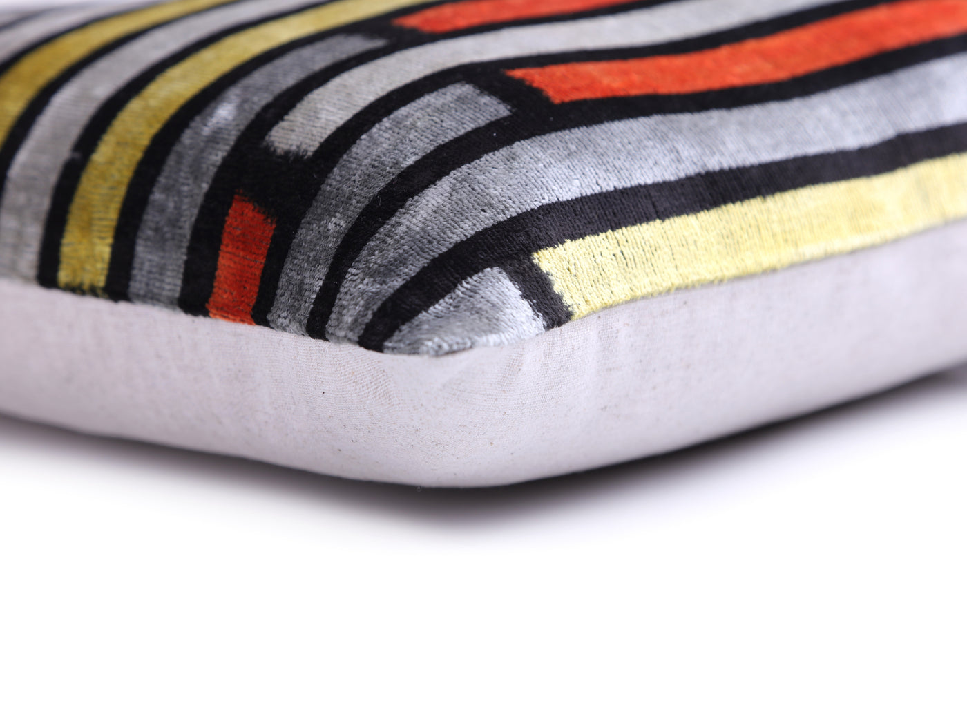 Handmade Velvet Pillow with insert – Modern Striped Ikat, Sunset Tones, 16x24"