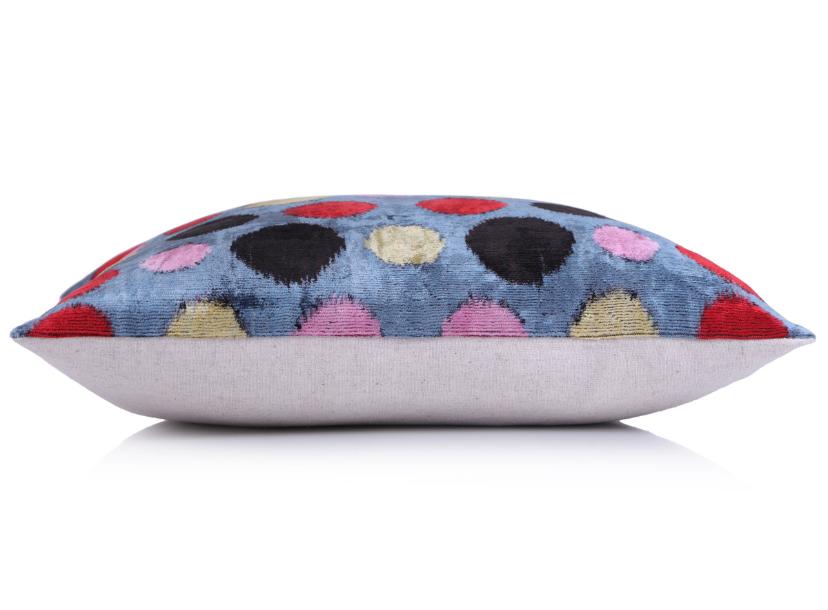 Handmade 16x16 Velvet Pillow – Multicolor Dots on Blue