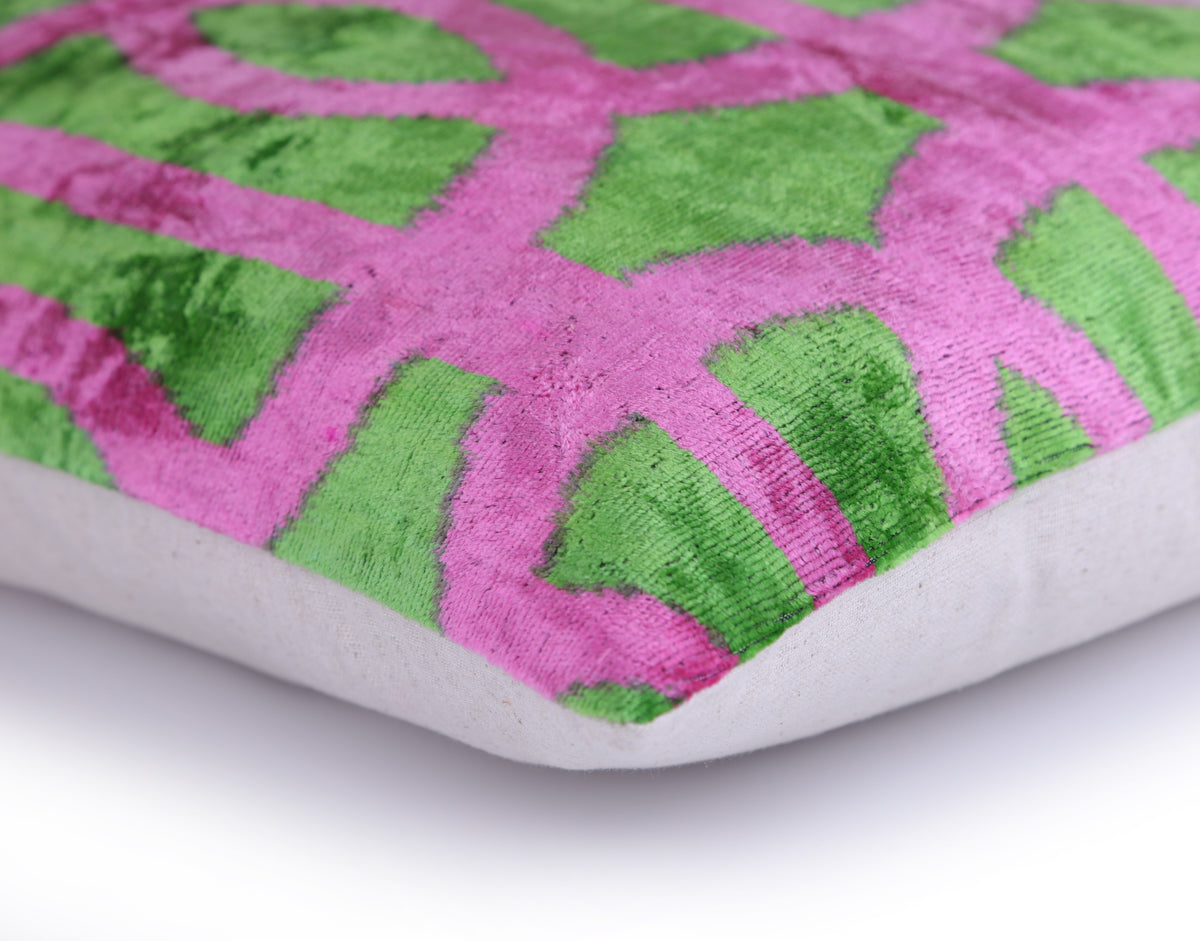Handmade 16x16 Velvet Pillow – Pink & Green Geometric Design