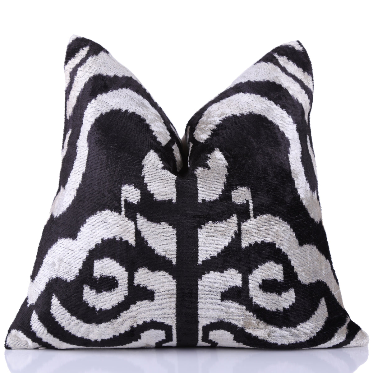 Handmade 16x16 Velvet Pillow – Black & White Ikat Medallion