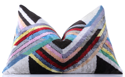 Luxury Chevron Velvet Throw Pillow with insert – Multicolor Ikat 16x24 Inch