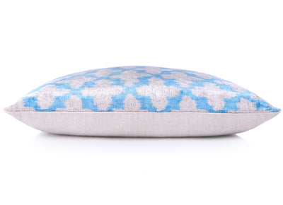 Handmade Velvet Ikat Throw Pillow – Sky Blue & Sand (16x24)