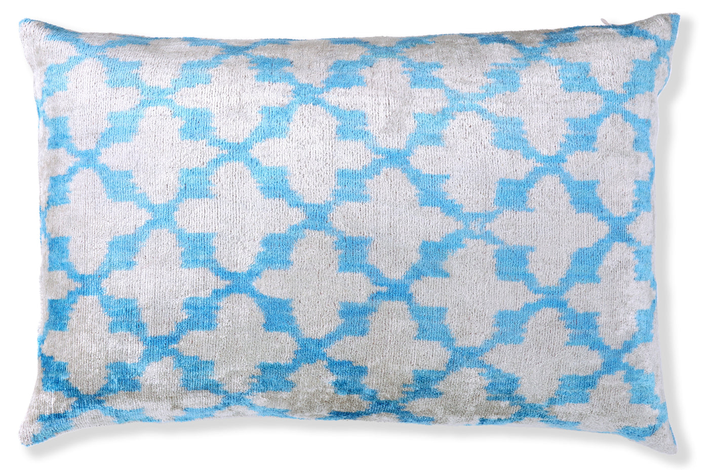 Handmade Velvet Ikat Throw Pillow – Sky Blue & Sand (16x24)