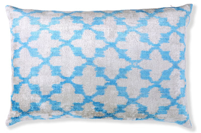 Handmade Velvet Ikat Throw Pillow – Sky Blue & Sand (16x24)