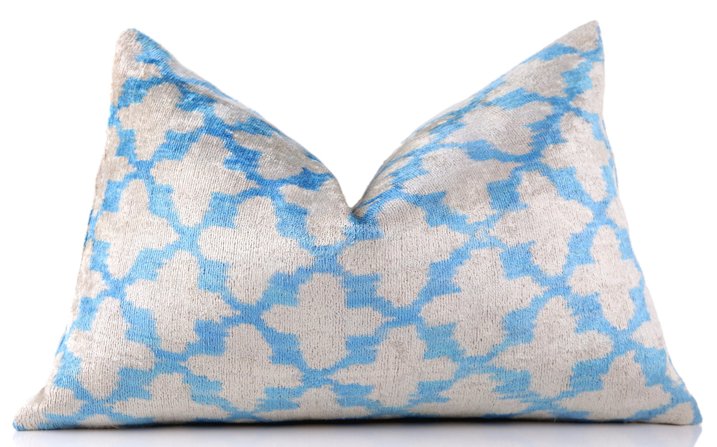 Handmade Velvet Ikat Throw Pillow – Sky Blue & Sand (16x24)