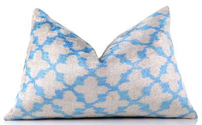 Handmade Velvet Ikat Throw Pillow – Sky Blue & Sand (16x24)