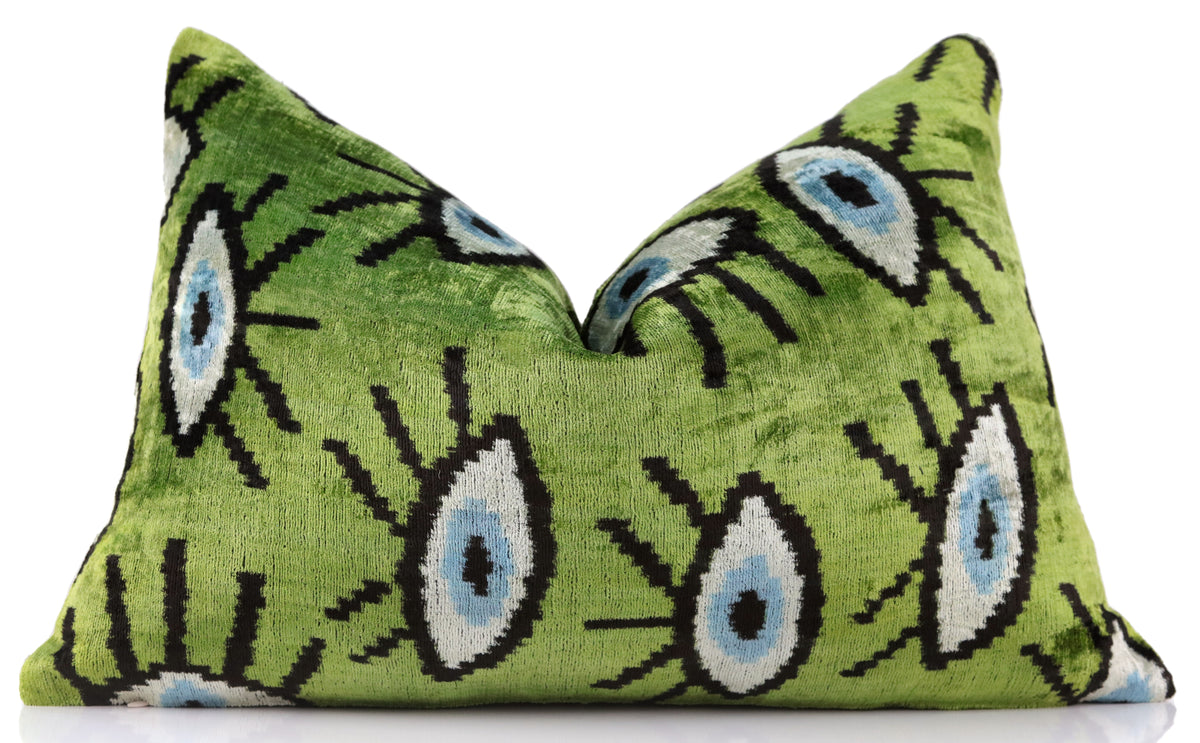 Green Evil Eye Silk Velvet Pillow with insert 16x24 – Handmade in California