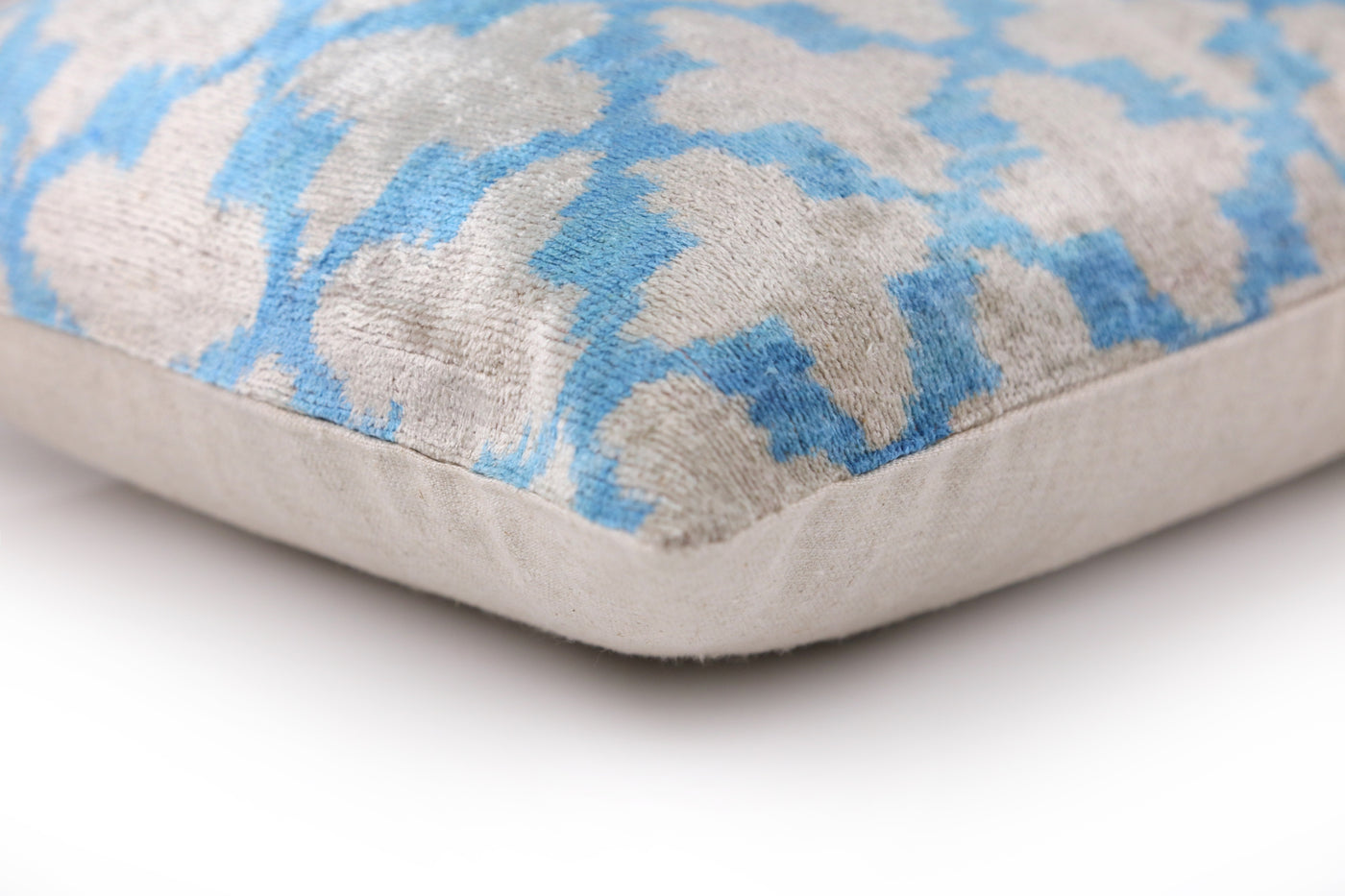 Handmade Velvet Ikat Throw Pillow – Sky Blue & Sand (16x24)