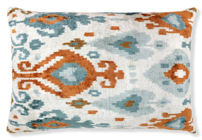 Luxury Blue Trellis Silk Velvet Throw Pillow | 16x24 Ikat Design Handmade in California