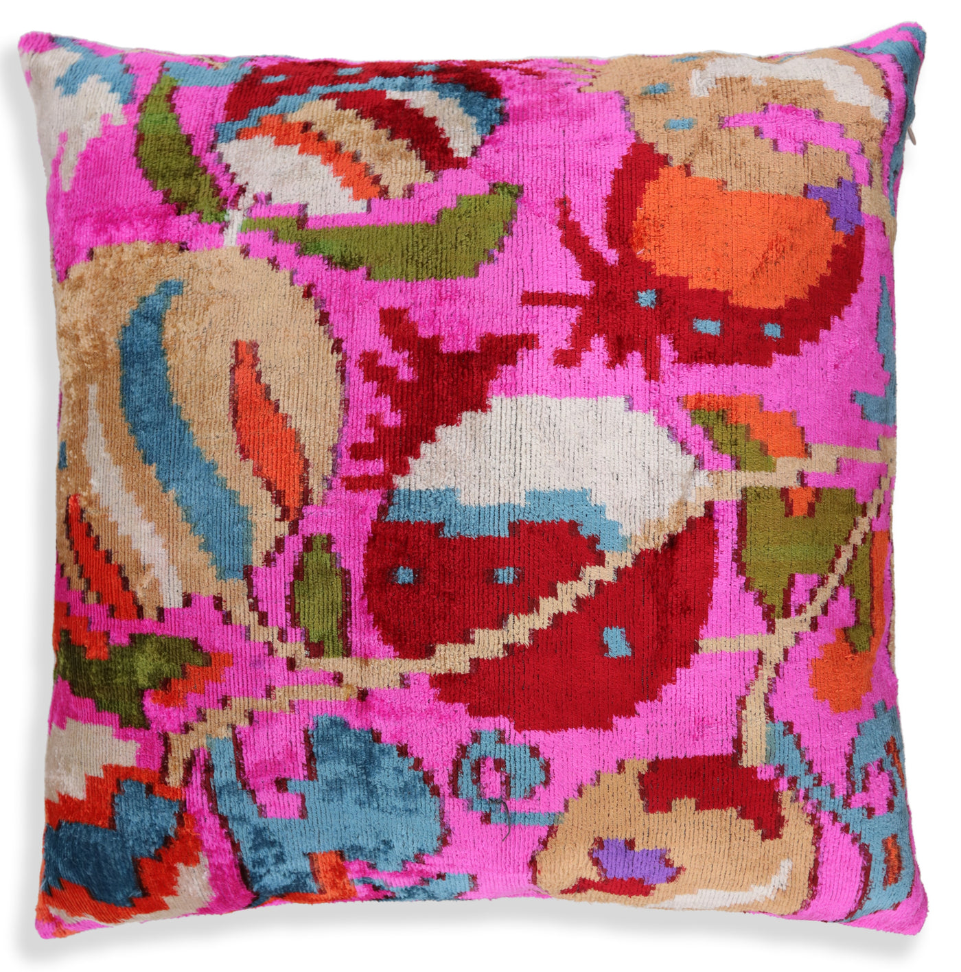 Canvello 20x20 Pink Floral Silk Velvet Pillow – Handmade Uzbek Pattern