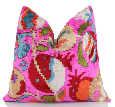 Canvello 20x20 Pink Floral Silk Velvet Pillow – Handmade Uzbek Pattern