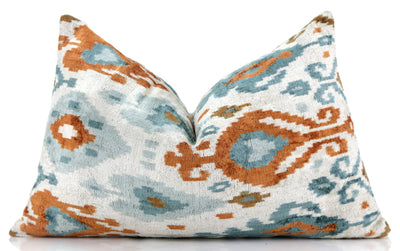 Luxury Blue Trellis Silk Velvet Throw Pillow | 16x24 Ikat Design Handmade in California