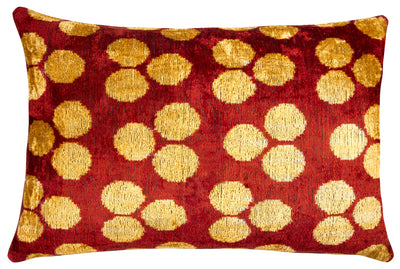 Handmade Velvet Pillow with Down Feather insert – Ruby Red & Gold Polka Dots, 16x24"