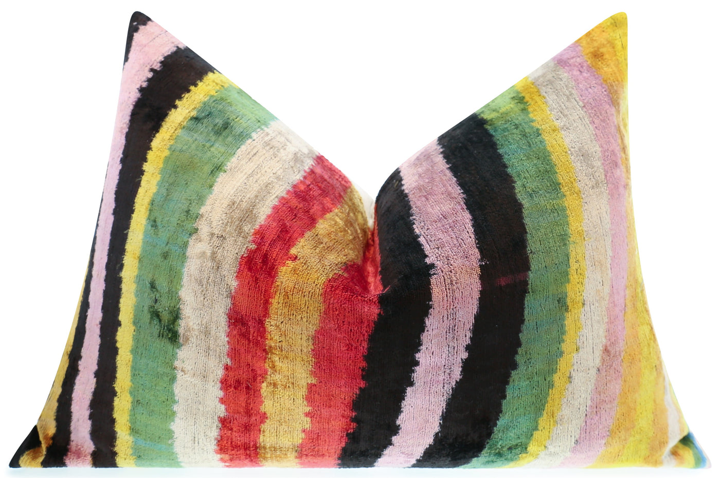 Handmade Multicolored Striped Silk Velvet Throw Pillow - 16x24, Luxury Cushion with Down Feather Insert