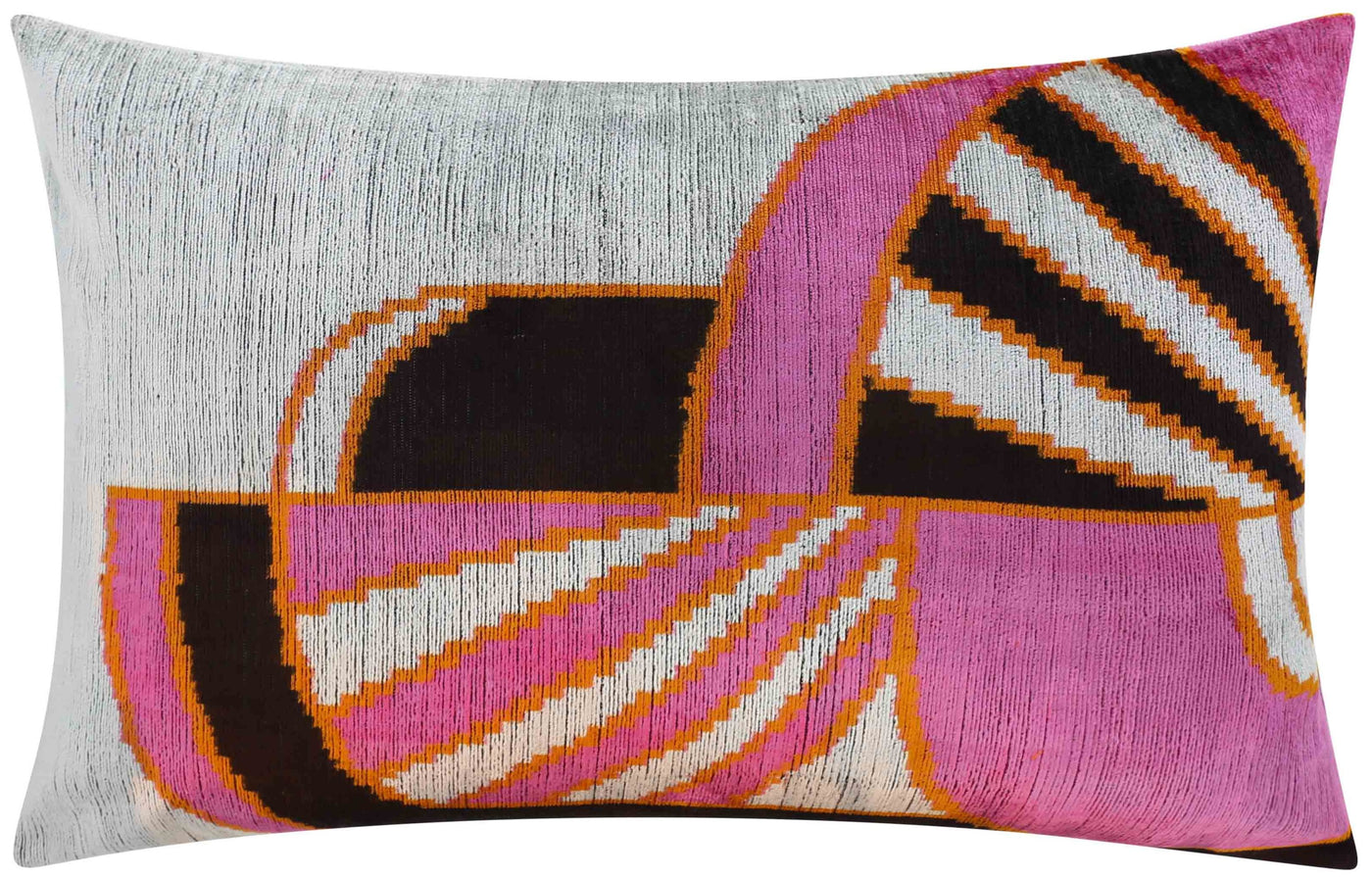 Handmade Geometric Silk Velvet Throw Pillow - 16x24, Pink and Orange Modern Design with Down Feather Insert