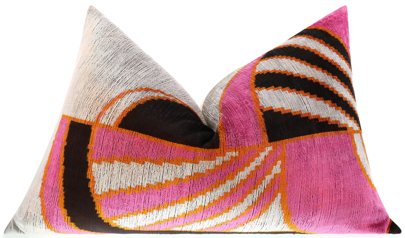 Handmade Geometric Silk Velvet Throw Pillow - 16x24, Pink and Orange Modern Design with Down Feather Insert