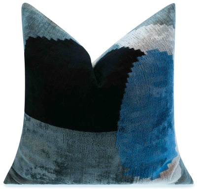 Handmade Silk Velvet Abstract Throw Pillow - 20x20, Modern Blue, Black, and Gray Design with Down Feather Insert