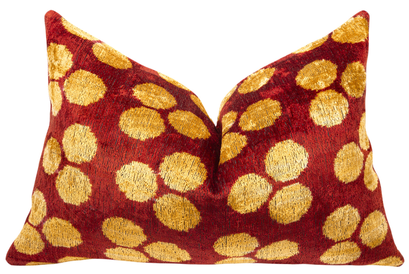 Handmade Velvet Pillow with Down Feather insert – Ruby Red & Gold Polka Dots, 16x24"