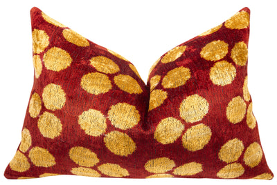 Handmade Velvet Pillow with Down Feather insert – Ruby Red & Gold Polka Dots, 16x24"