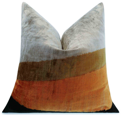 Handmade Silk Velvet Striped Throw Pillow - 20x20, Bold White, Gold, Orange, and Black Design with Down Feather Insert