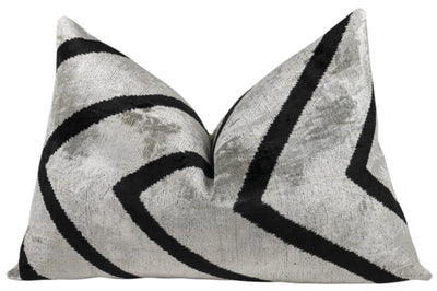 Handmade Velvet Pillow – Silver & Black Chevron, 16x24"