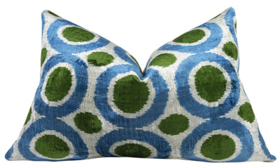 Handmade Velvet Pillow – Blue & Green Retro Circles, 16x24"