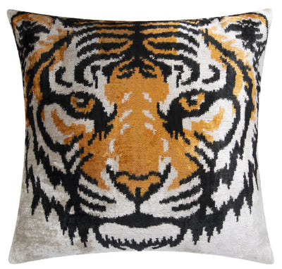 Handmade Silk Velvet Tiger Face Throw Pillow - 20x20, Bold Black, Orange, and White Design with Down Feather Insert